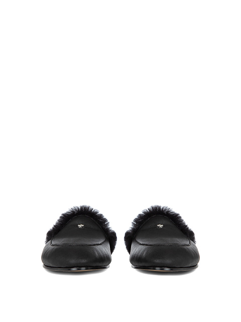 Black Leather Fur Trimmed Mules, 2
