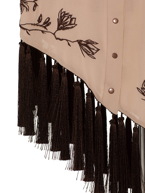 Beige Chiffon Mini Dress with Embroidery and Fringe, 4