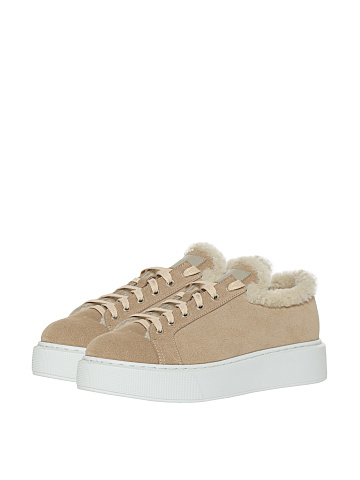 Beige Velour & Shearling Sneakers, 1