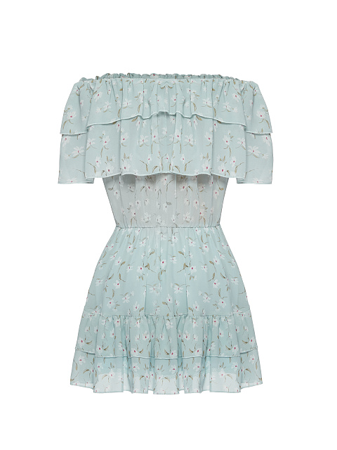 Light Blue Flower Printed Off Shoulder Mini Dress, 2