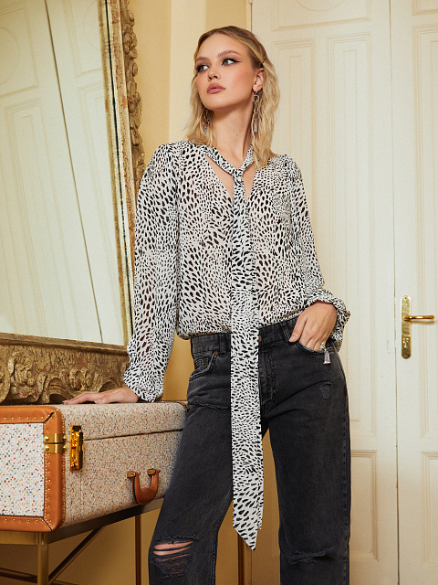 Black & White Leoprad Printed Chiffon Blouse, 9