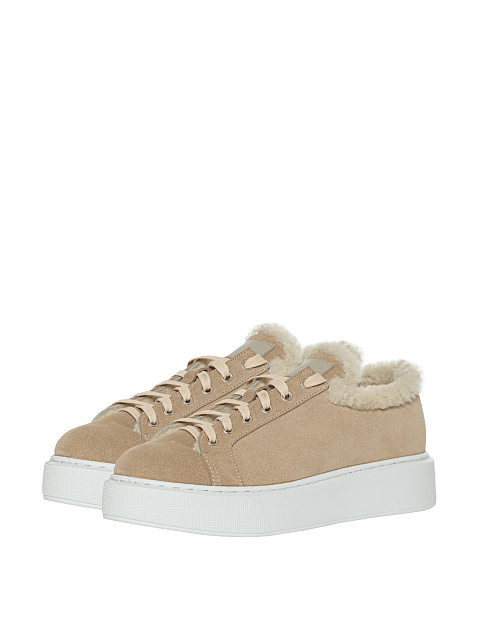 Beige Velour & Shearling Sneakers, 1