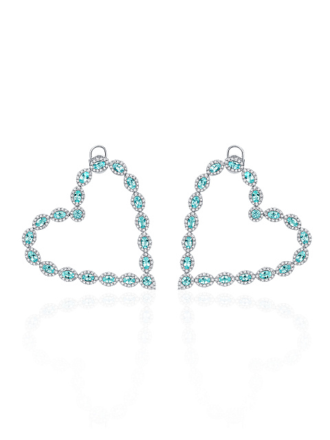 Oval Tourmaline Paraiba, Round Diamond & White Gold Heart-Shaped Earrings, 1 Oval Tourmaline Paraiba, Round Diamond & White Gold Heart-Shaped Earrings, 1