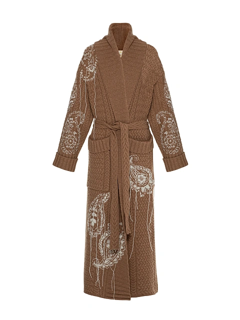 Brown cable knit coat with embroidery, 1