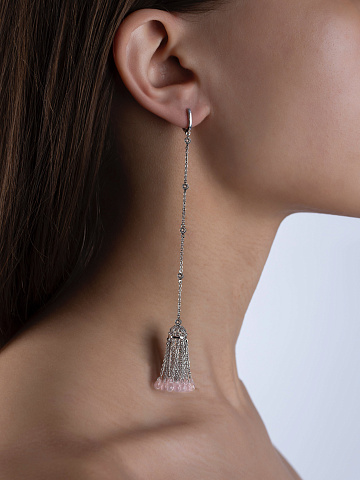 Briolette Rose Quartz & Round Topaz & White Gold Tassel Earrings , 2