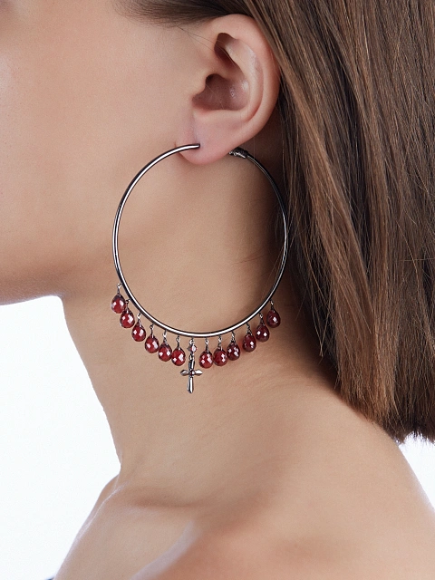 Briolette Garnet, Round Garnet & Black Gold Hoop Earrings, 2