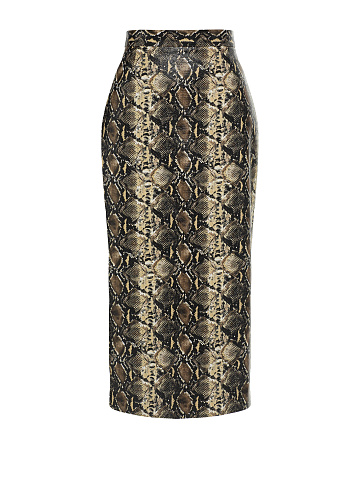 Beige Snakeskin Prined Faux Leather Midi Skirt, 1