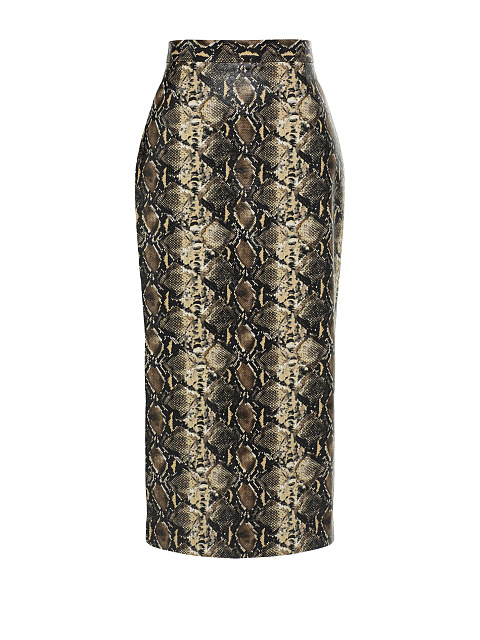 Beige Snakeskin Prined Faux Leather Midi Skirt, 1