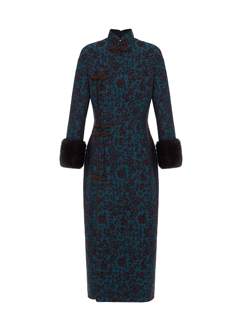Blue Jacquard Midi Dress With Mink Fur Cuffs, 1 Blue Jacquard Midi Dress With Mink Fur Cuffs, 1