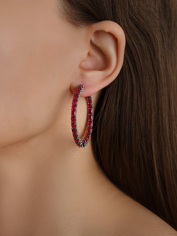 Oval Ruby & Black Round Diamond & Black Gold Hoop Earrings, 2