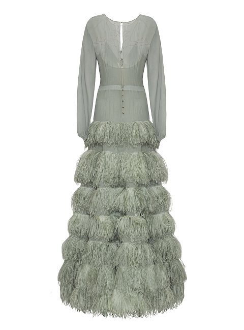 Light Grey Ostrich Feathers & Chiffon Maxi Dress, 2