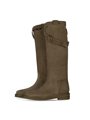 Khaki Buckled Suede Knee Boots, 1