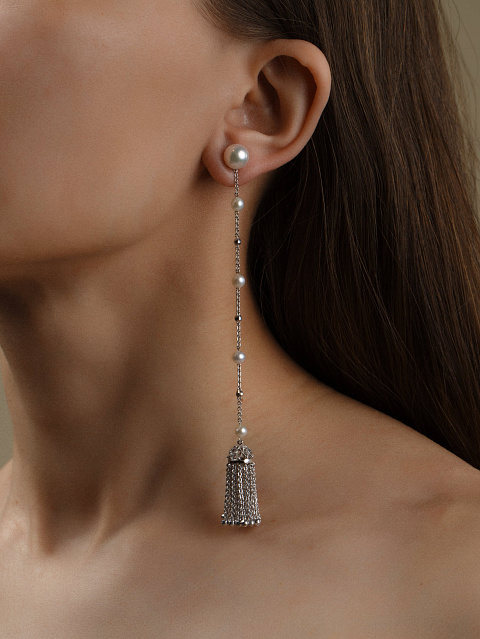 Pearl & White Gold Tassel Earrings, 4