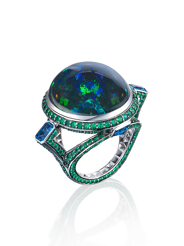 Black Cabochon Opal, Baguette Sapphire, Round Emerald & White Gold Ring, 1