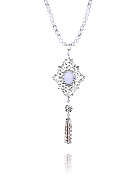Jade, Gray Round Diamond, Gray Akoya Pearl & White Gold Tassel Necklace, 1