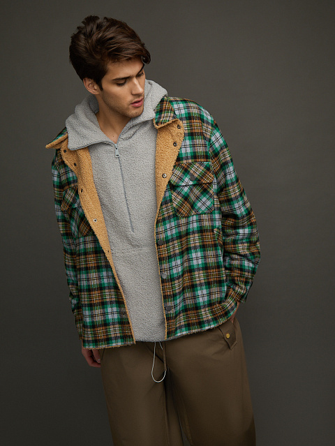 Men's Green Checked Faux Fur Lined Shirt, 6