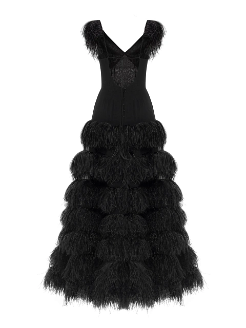 Black Feather Trim Chiffon Maxi Dress, 2