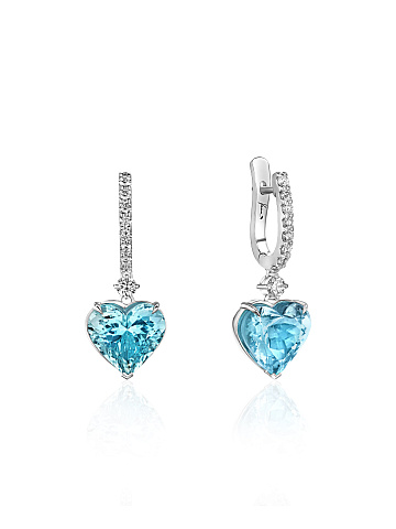 White gold earrings with heart-cut aquamarine and diamonds, 1