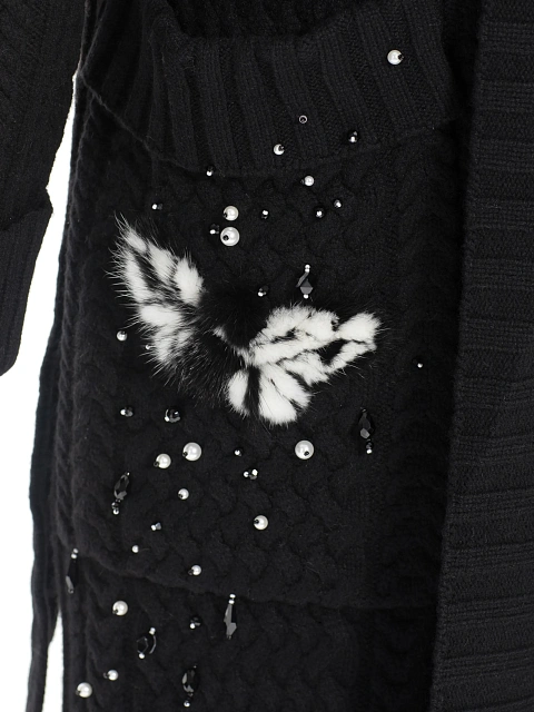 Black Mink Fur Trim Cashmere Knitted Coat, 5