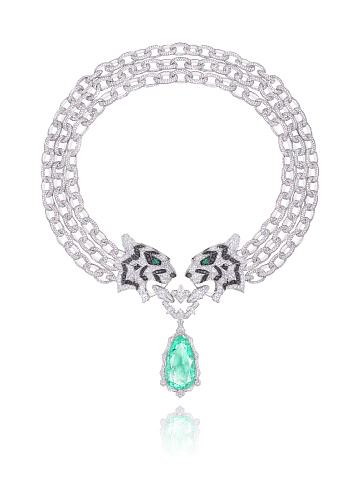 Necklace with a removable pendant in white gold with emerald and diamonds, 1