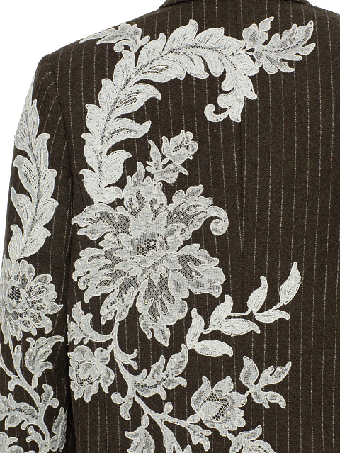 Green Lace Trim Striped Wool Coat, 5