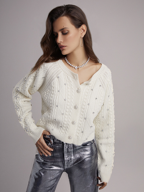 Milk-colored cashmere cardigan with rhinestones, 6