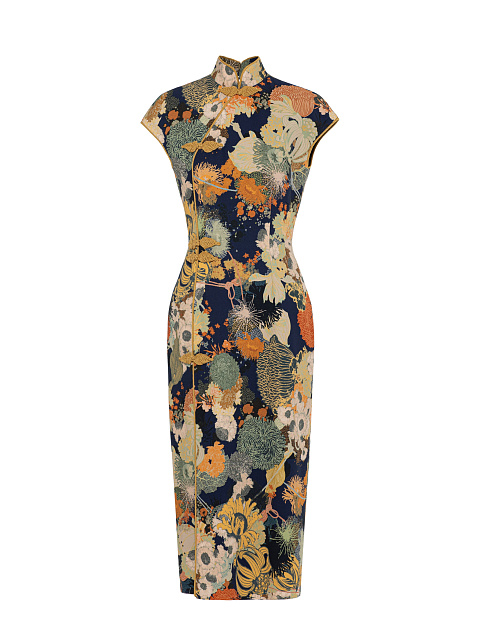 Navy Blue Floral Print Midi Dress, 1 Navy Blue Floral Print Midi Dress, 1