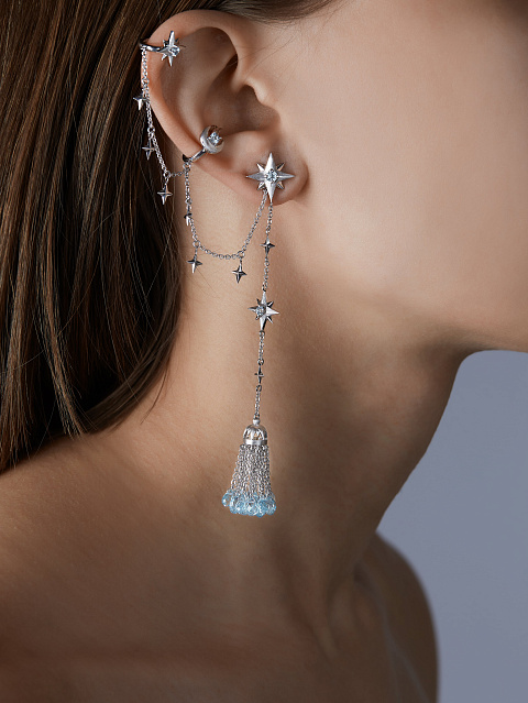 Briolette Topaz Sky Blue & Round Topaz Sky Blue & White Gold Tassel Earrings, 2