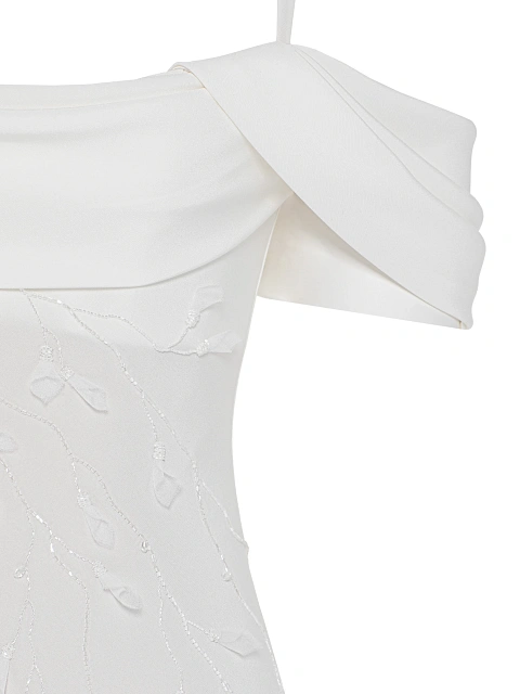 White Beaded Flowers Silk Maxi Dress, 4