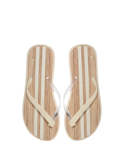Beige flip-flops with wood-effect print, 4