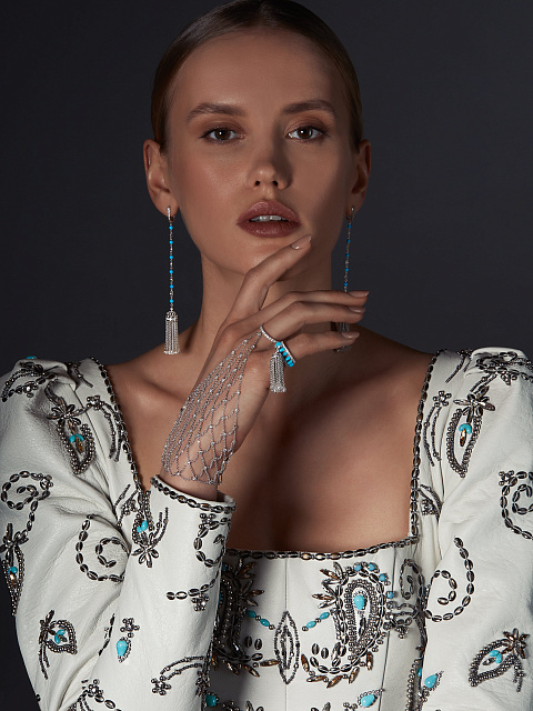 Briolette Diamond & Bead Turquoise & White Gold Tassel Earrings, 5