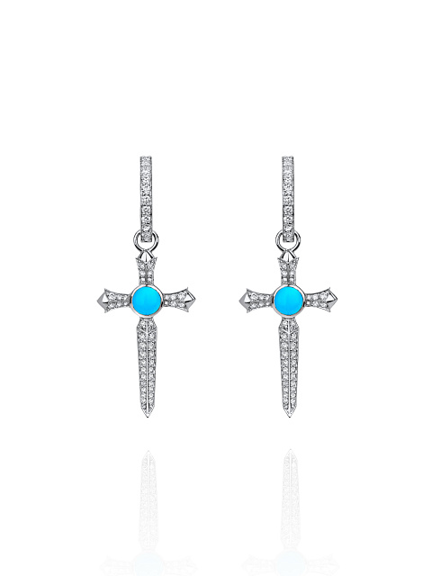 White Gold, Сabochon-cut Turquoise & Diamonds Cross Earrings, 1