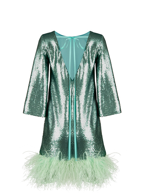 Green Sequined Feather-Trimmed Mini Dress, 2