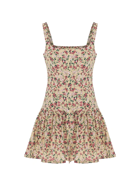 Beige cotton mini dress with pink floral print, 1