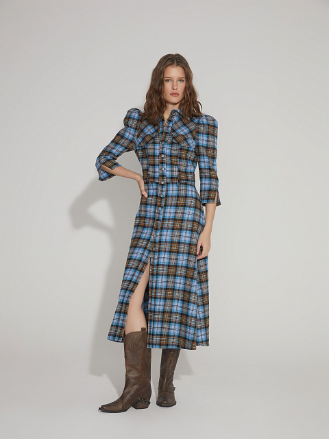 Brown & Light Blue Check Wool Midi Dress, 4 Brown & Light Blue Check Wool Midi Dress, 4