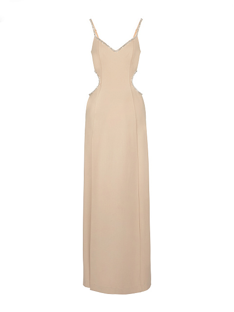 Crystals Embellished Beige Cut Out Maxi Dress, 1