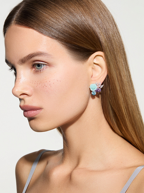 White gold stud earrings with carved chalcedony roses, amethysts, topazes and diamonds, 2