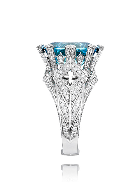 Aquamarine; Princess Diamond, Round Diamond & White Gold Ring, 4