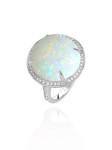 Oval Opal, 128 Round Diamond & White Gold Ring, 1