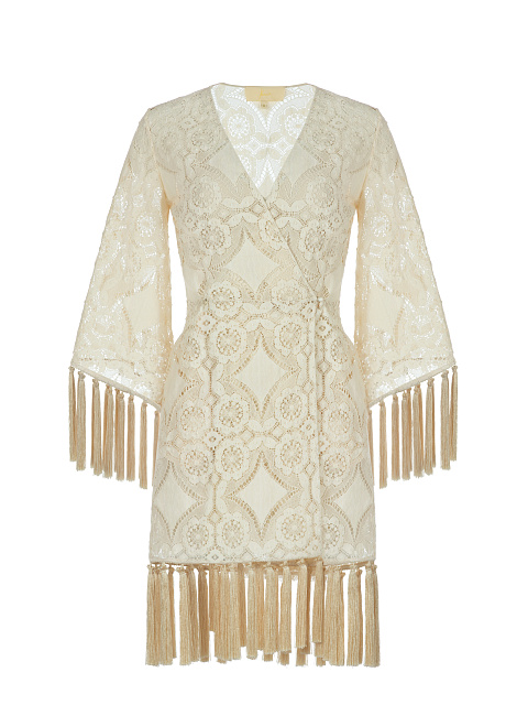 Beige Fringed Lace Cotton Wrap Mini Dress, 1