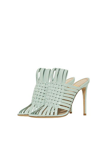 Mint Woven Leather Heeled Mules, 1