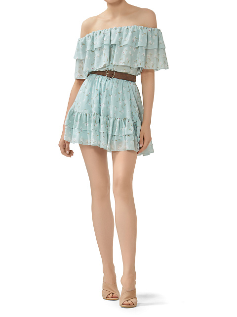 Light Blue Flower Printed Off Shoulder Mini Dress, 6