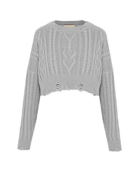 Light Grey Cotton Cropped Cable Knit Sweater, 1