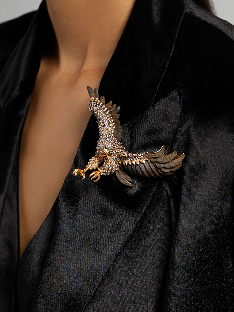 Rose Gold, Wood, Diamonds & Green Garnet Eagle Brooch, 3