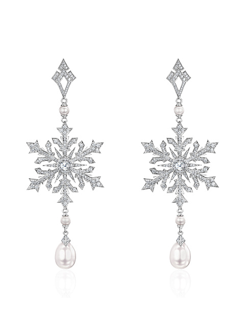 White gold snowflake earrings with diamonds and pearls, 1