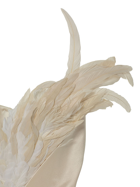 Beige Open Shoulder Feather Silk Maxi Dress, 5