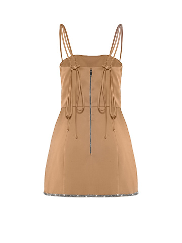 Rhinestones Trimmed Tan Satin Mini Dress, 2