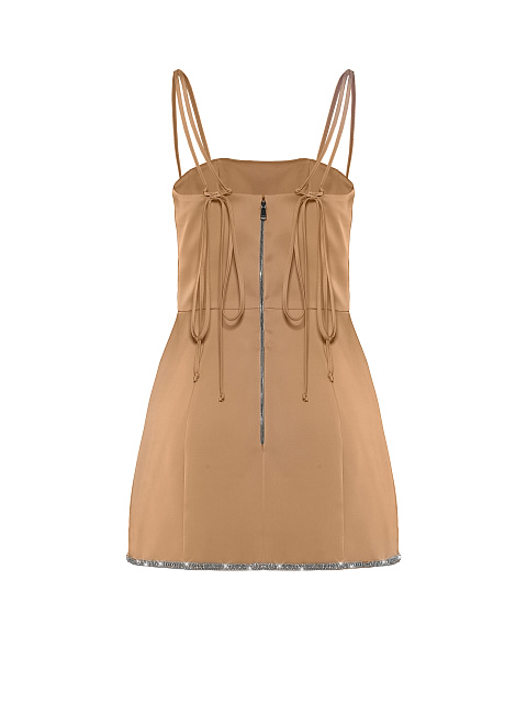 Rhinestones Trimmed Tan Satin Mini Dress, 2