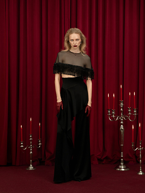 Black Silk Trousers With Asymmetrical Flounce, 2