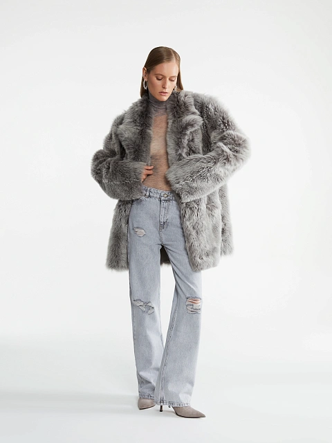 Gray Cropped Sheepskin Coat, 11